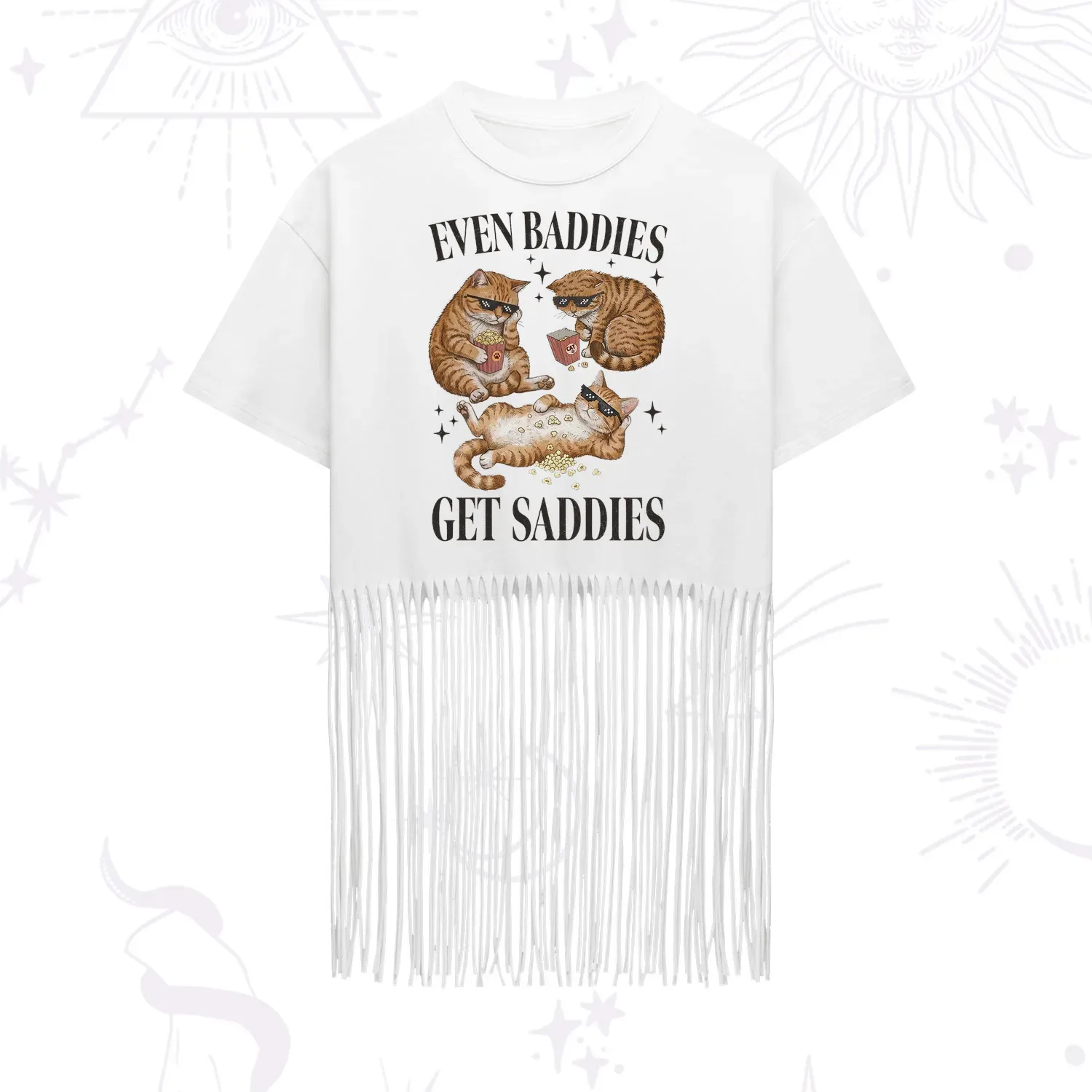 Purplehecate Even Baddies Get Saddies Funny Cat Fringe Hem T-Shirt