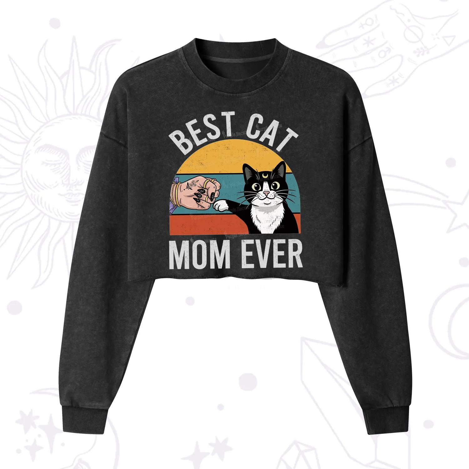 Purplehecate Best Cat Mom Ever Cropped Washed Sweatshirt