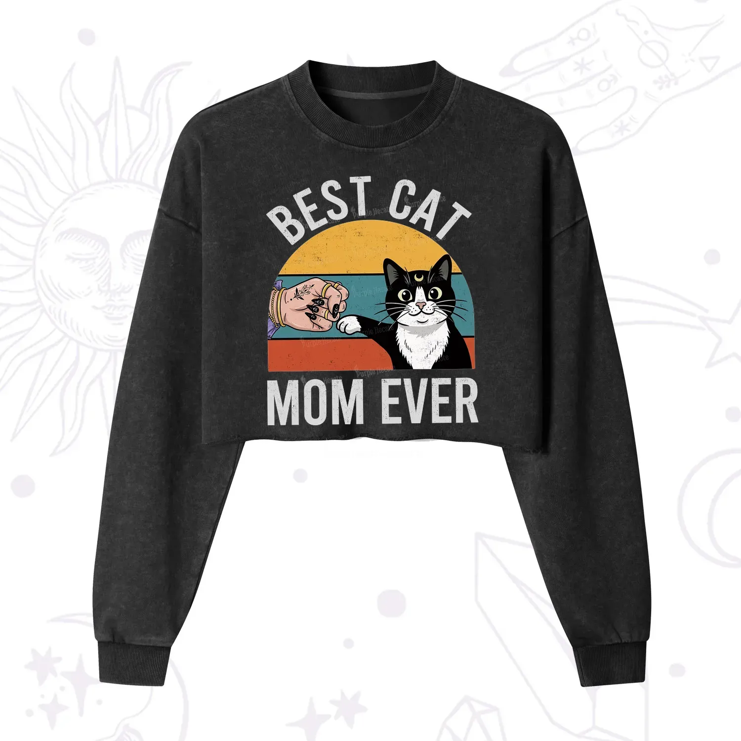 Purplehecate Best Cat Mom Ever Cropped Washed Sweatshirt