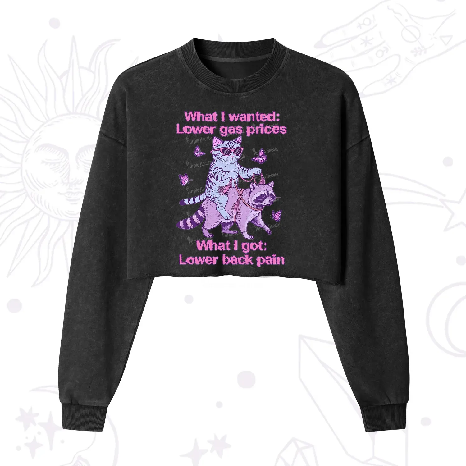 Purplehecate Lower Gas Prices Lower Back Pain Cat Cropped Washed Sweatshirt