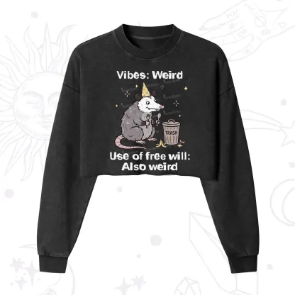 Purplehecate Weird Vibes Only Opossum Cropped Washed Sweatshirt