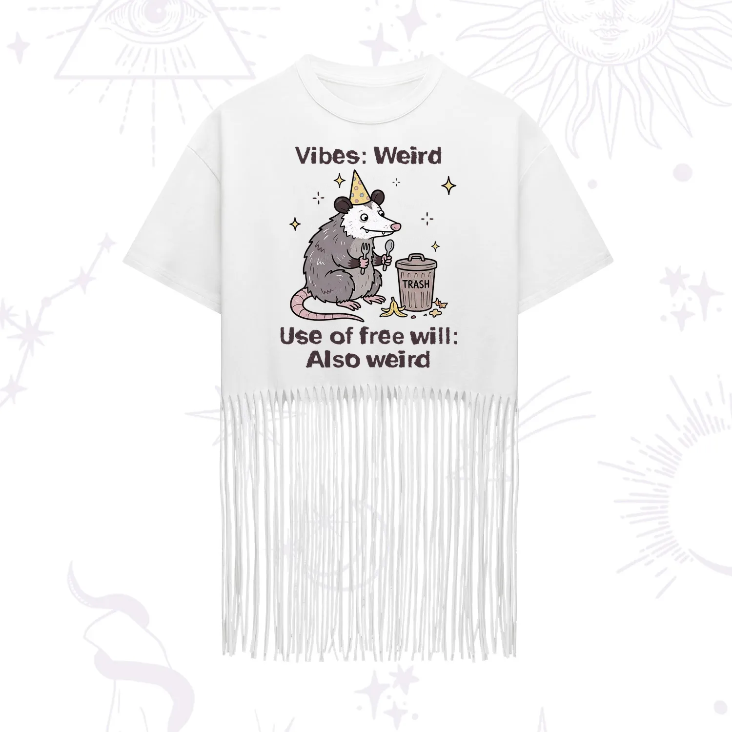 Purplehecate Weird Vibes Only Opossum Fringe Hem T-Shirt