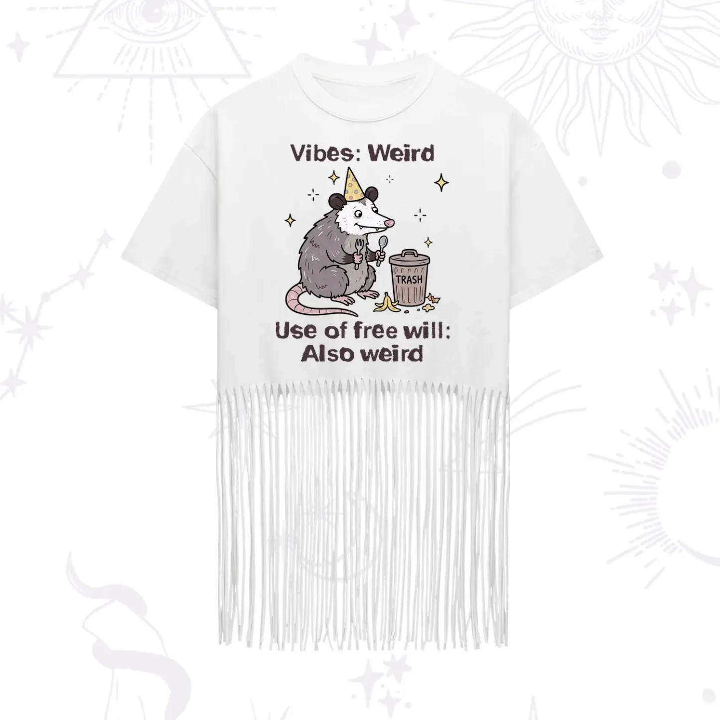 Purplehecate Weird Vibes Only Opossum Fringe Hem T-Shirt