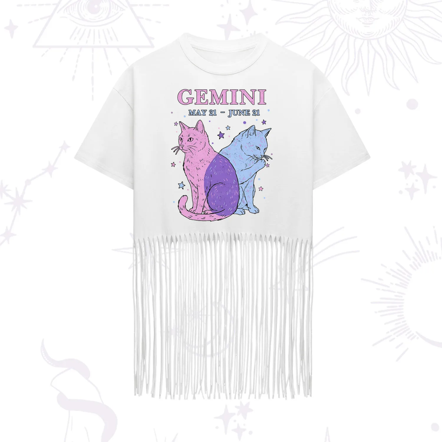 Purplehecate Gemini Zodiac Cats Fringe Hem T-Shirt
