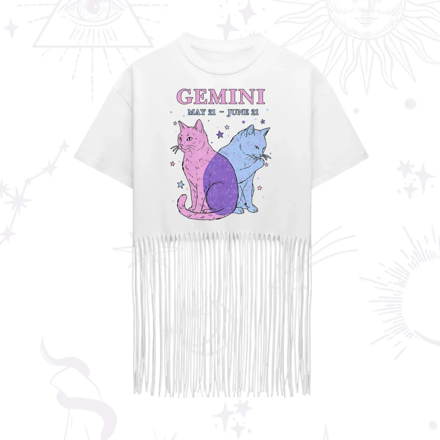 Purplehecate Gemini Zodiac Cats Fringe Hem T-Shirt