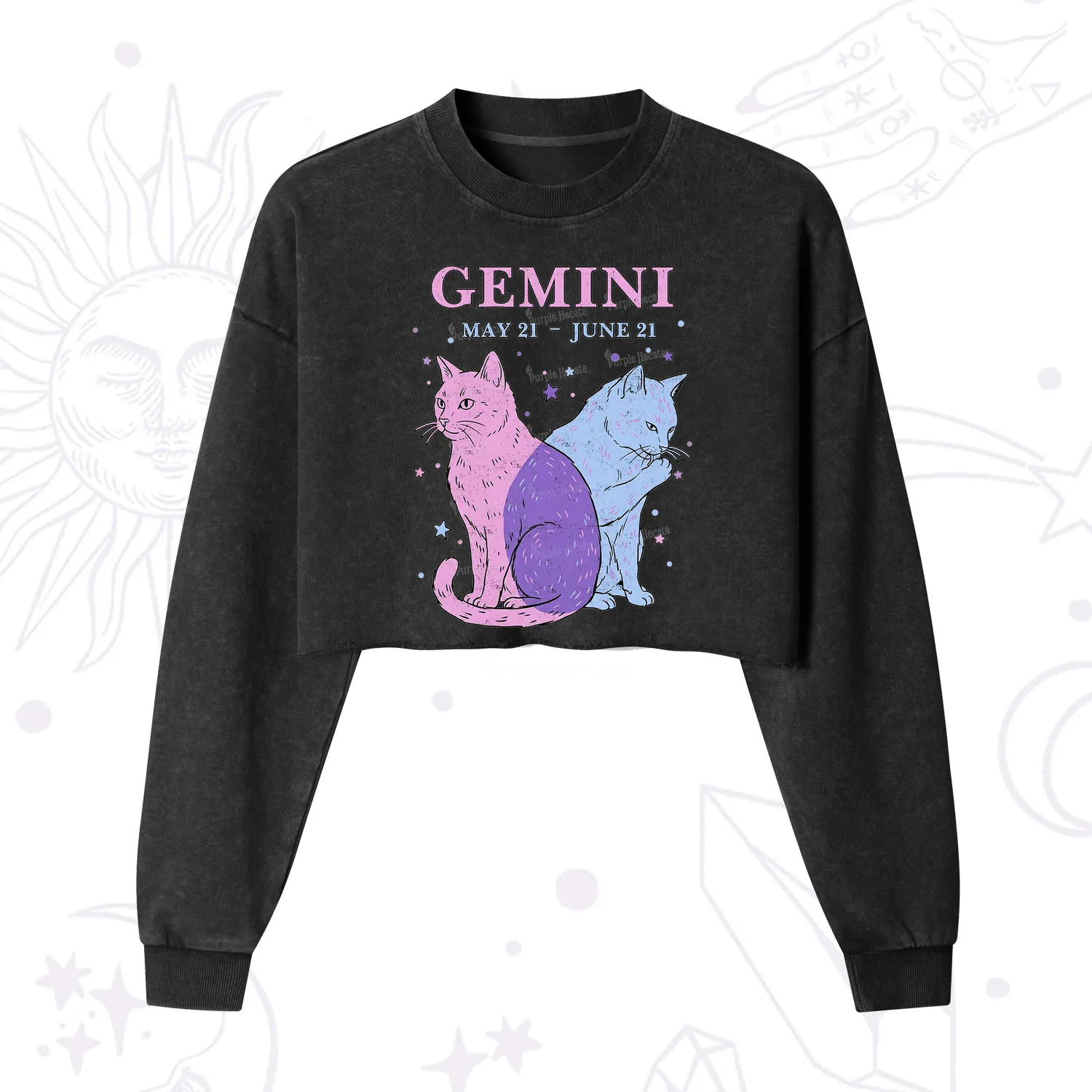 Purplehecate Gemini Zodiac Cats Cropped Washed Sweatshirt