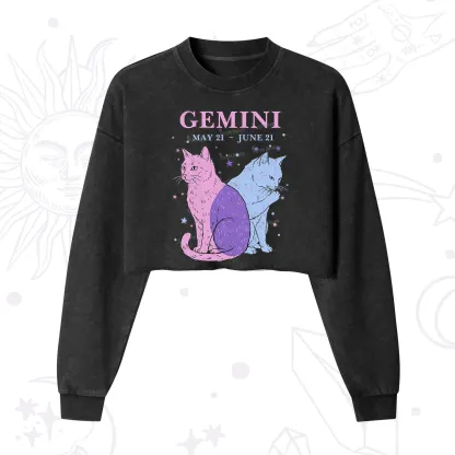 Purplehecate Gemini Zodiac Cats Cropped Washed Sweatshirt