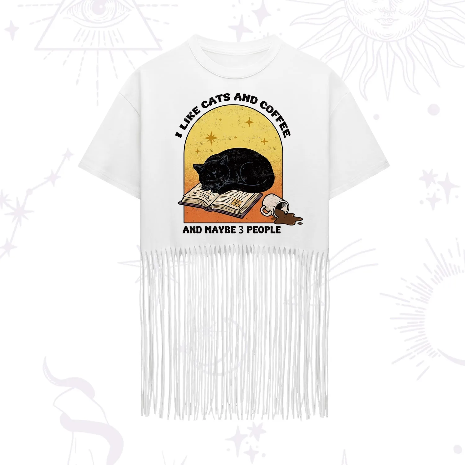 Purplehecate I Like Cats And Coffee Fringe Hem T-Shirt