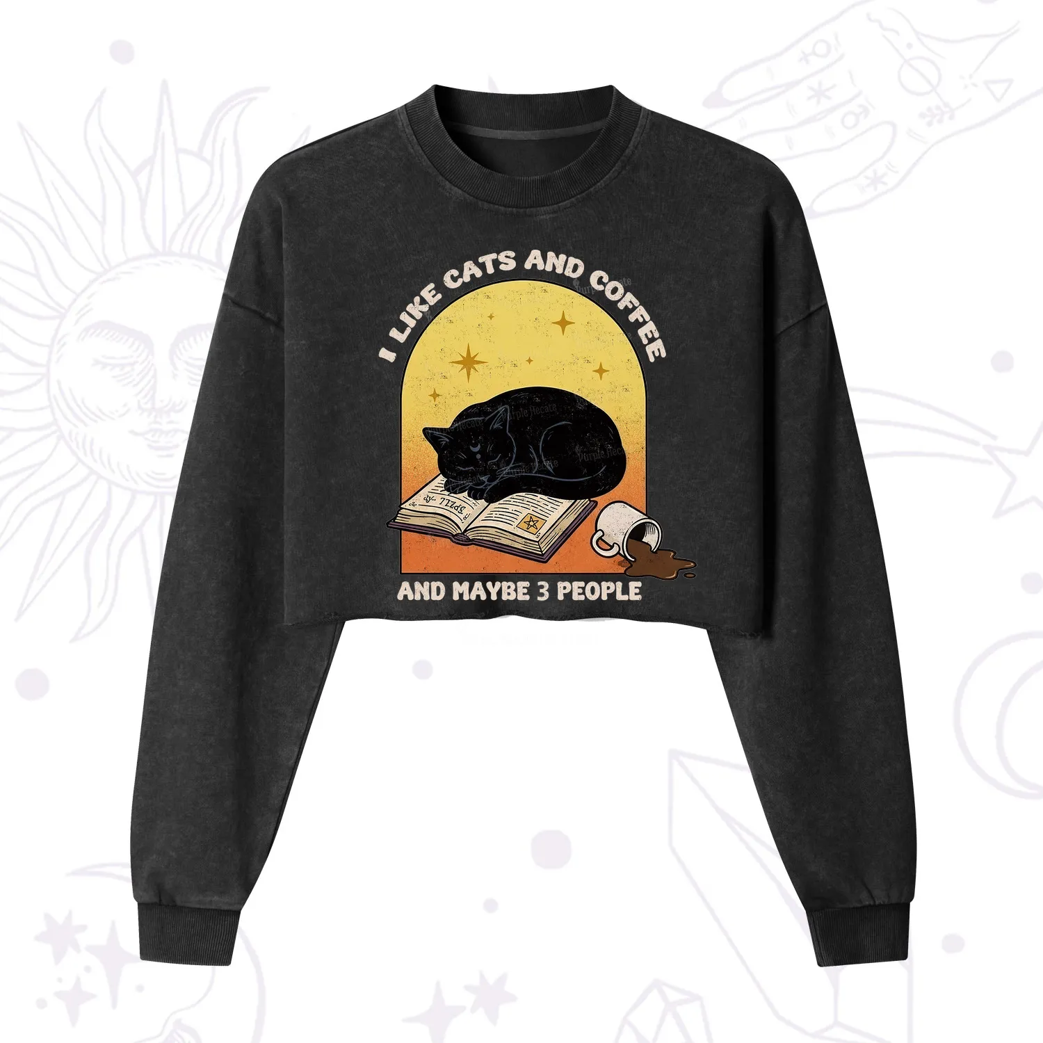 Purplehecate I Like Cats And Coffee Cropped Washed Sweatshirt