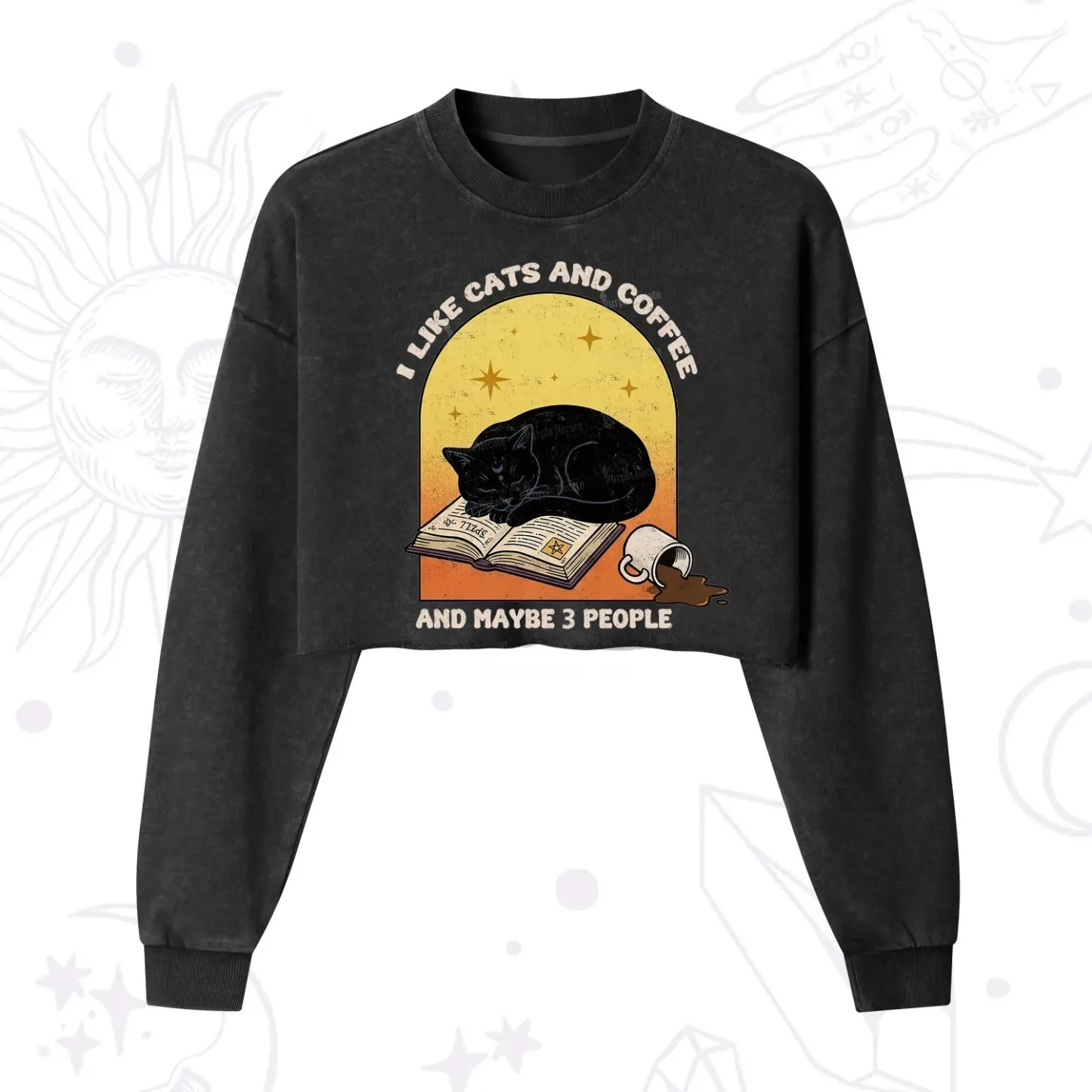 Purplehecate I Like Cats And Coffee Cropped Washed Sweatshirt