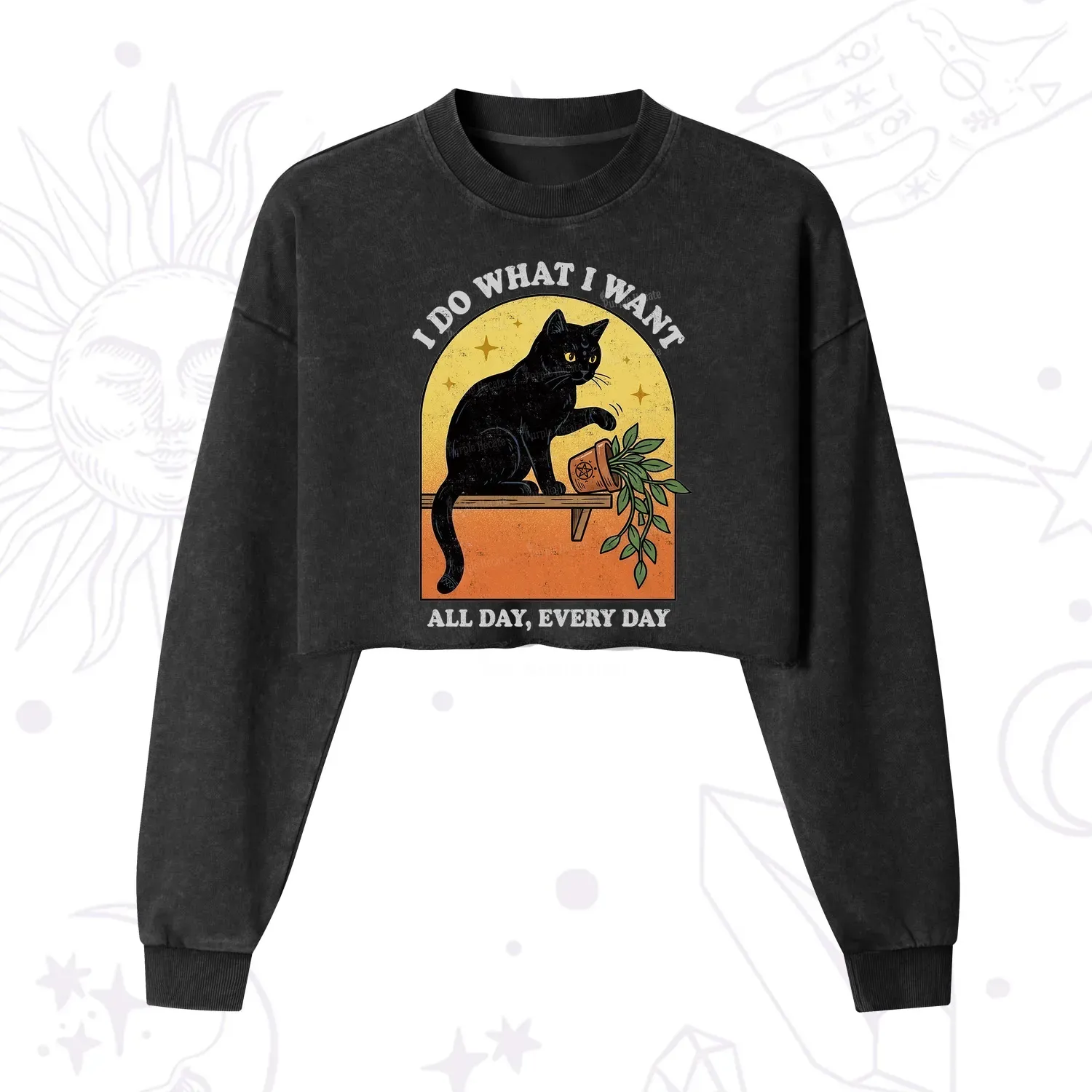 Purplehecate I Do What I Want Funny Black Cat Cropped Washed Sweatshirt