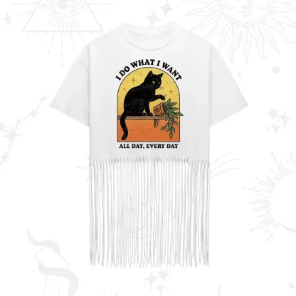 Purplehecate I Do What I Want Funny Black Cat Fringe Hem T-Shirt