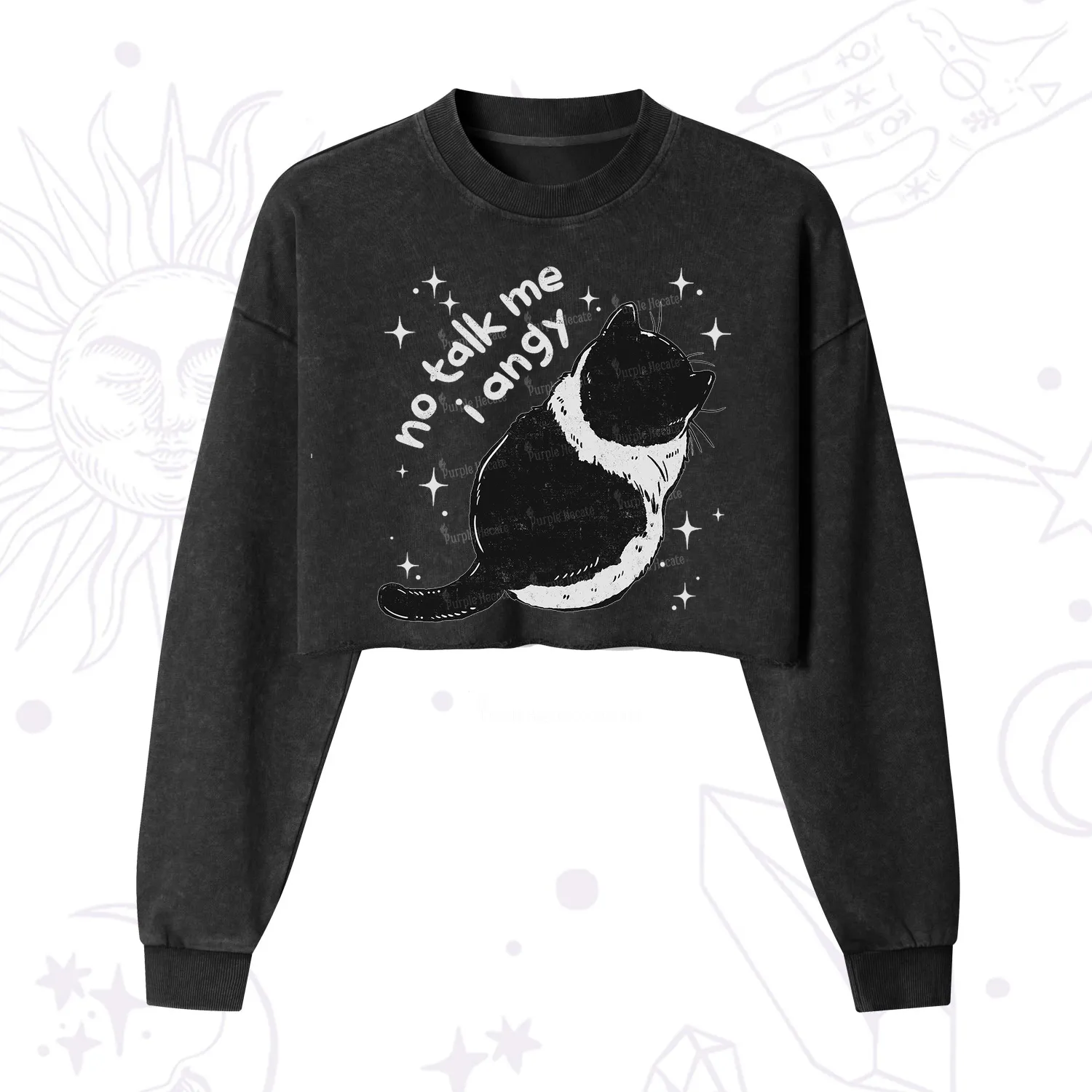Purplehecate No Talk Me Im Angy Cat Cropped Washed Sweatshirt