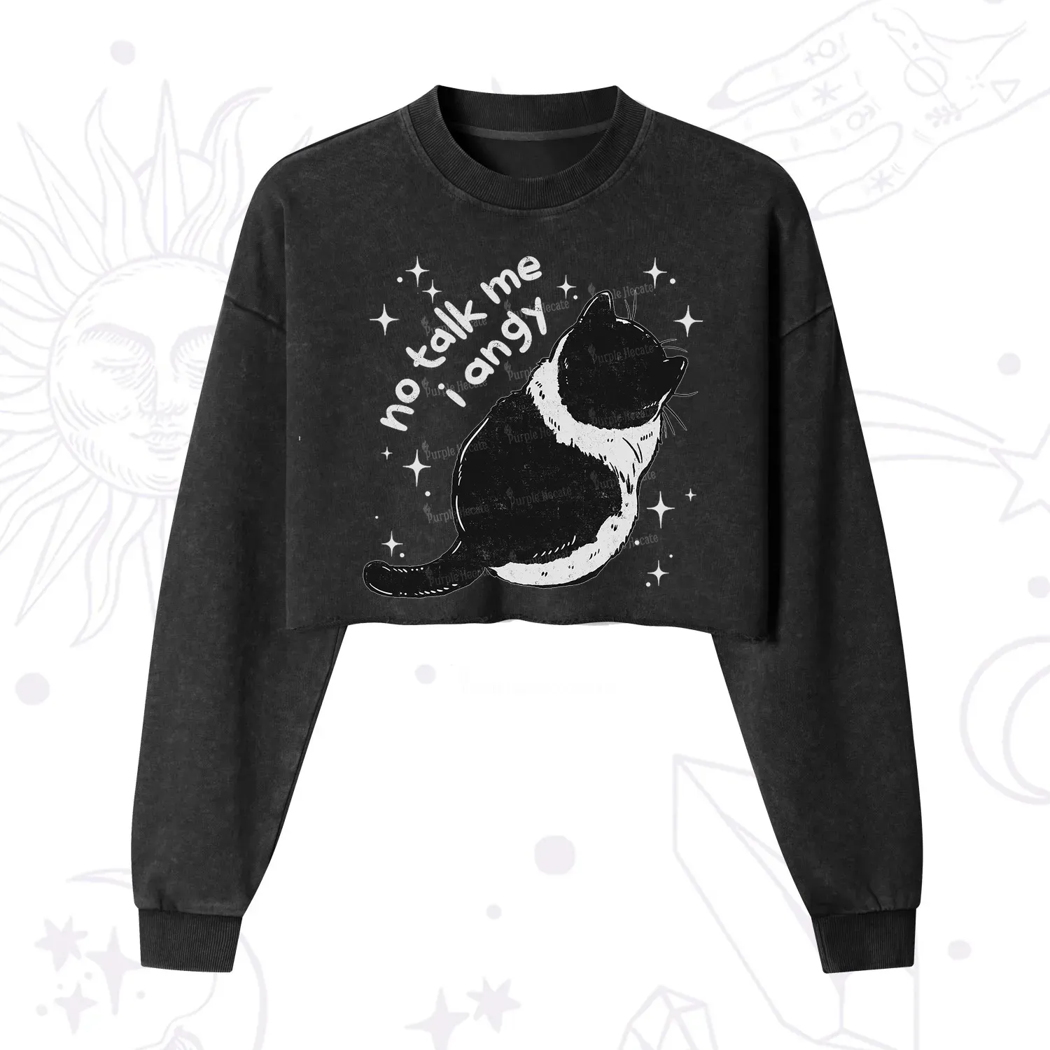 Purplehecate No Talk Me Im Angy Cat Cropped Washed Sweatshirt
