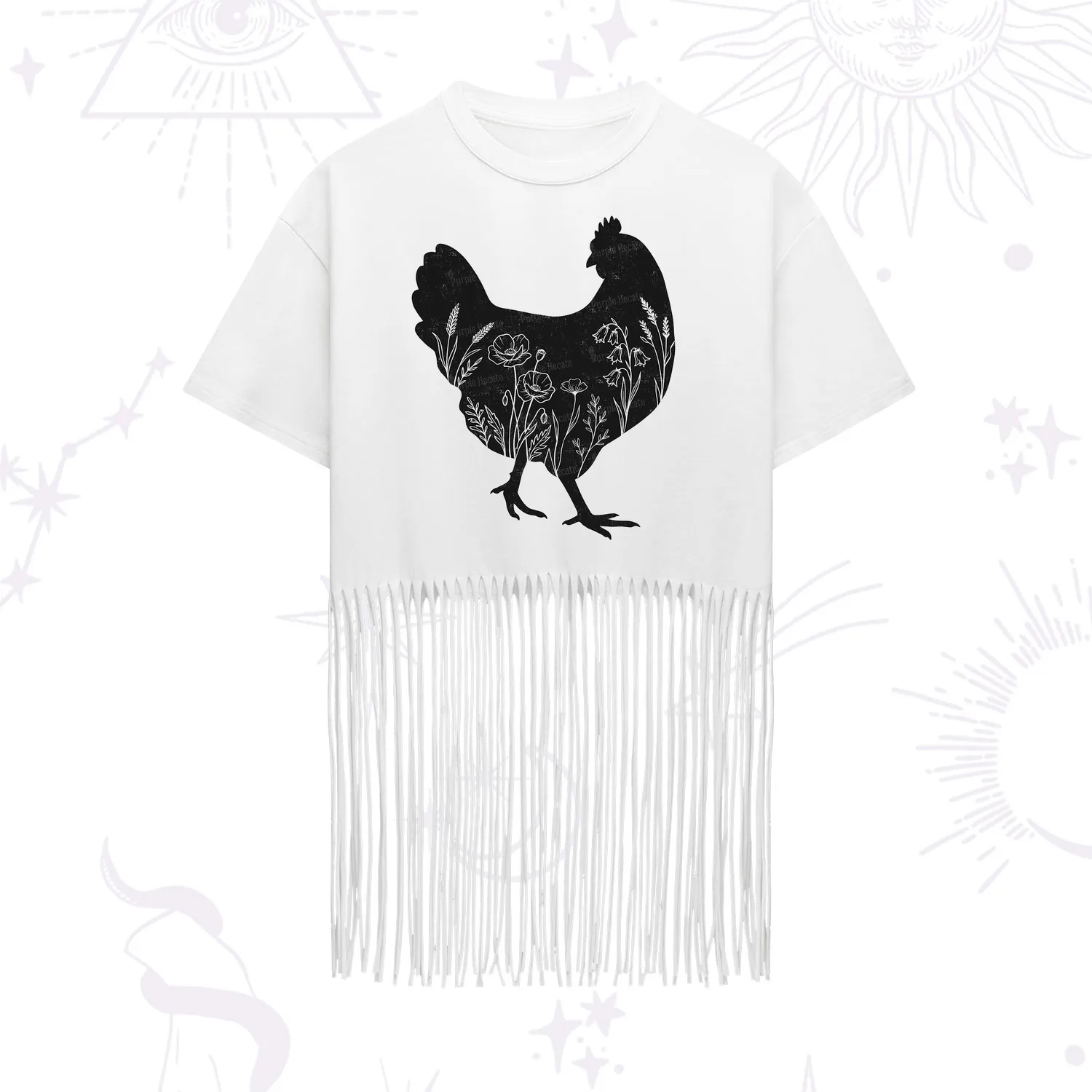 Purplehecate Floral Chicken Fringe Hem T-Shirt