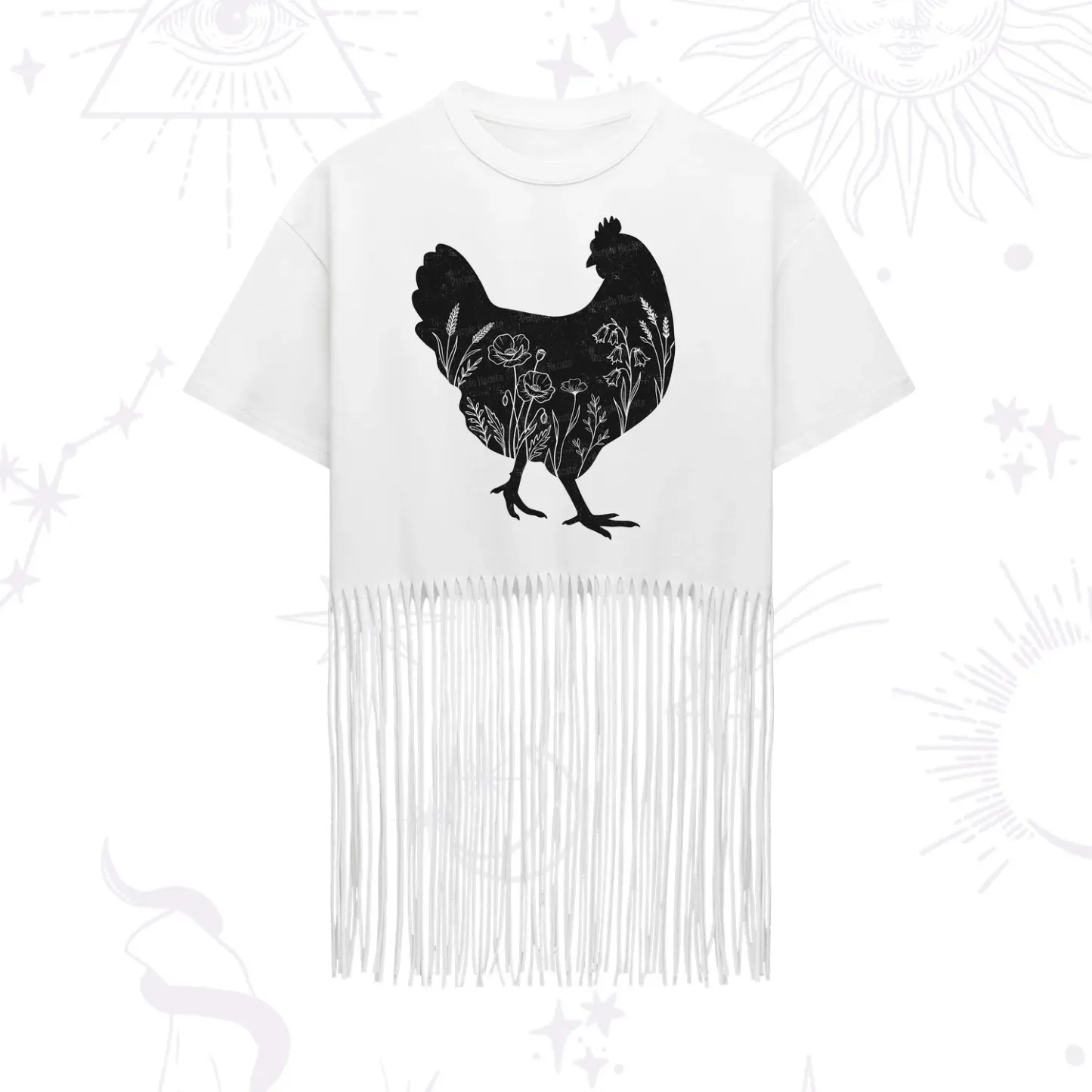 Purplehecate Floral Chicken Fringe Hem T-Shirt