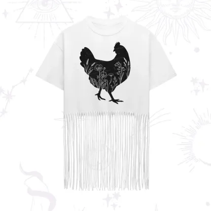 Purplehecate Floral Chicken Fringe Hem T-Shirt