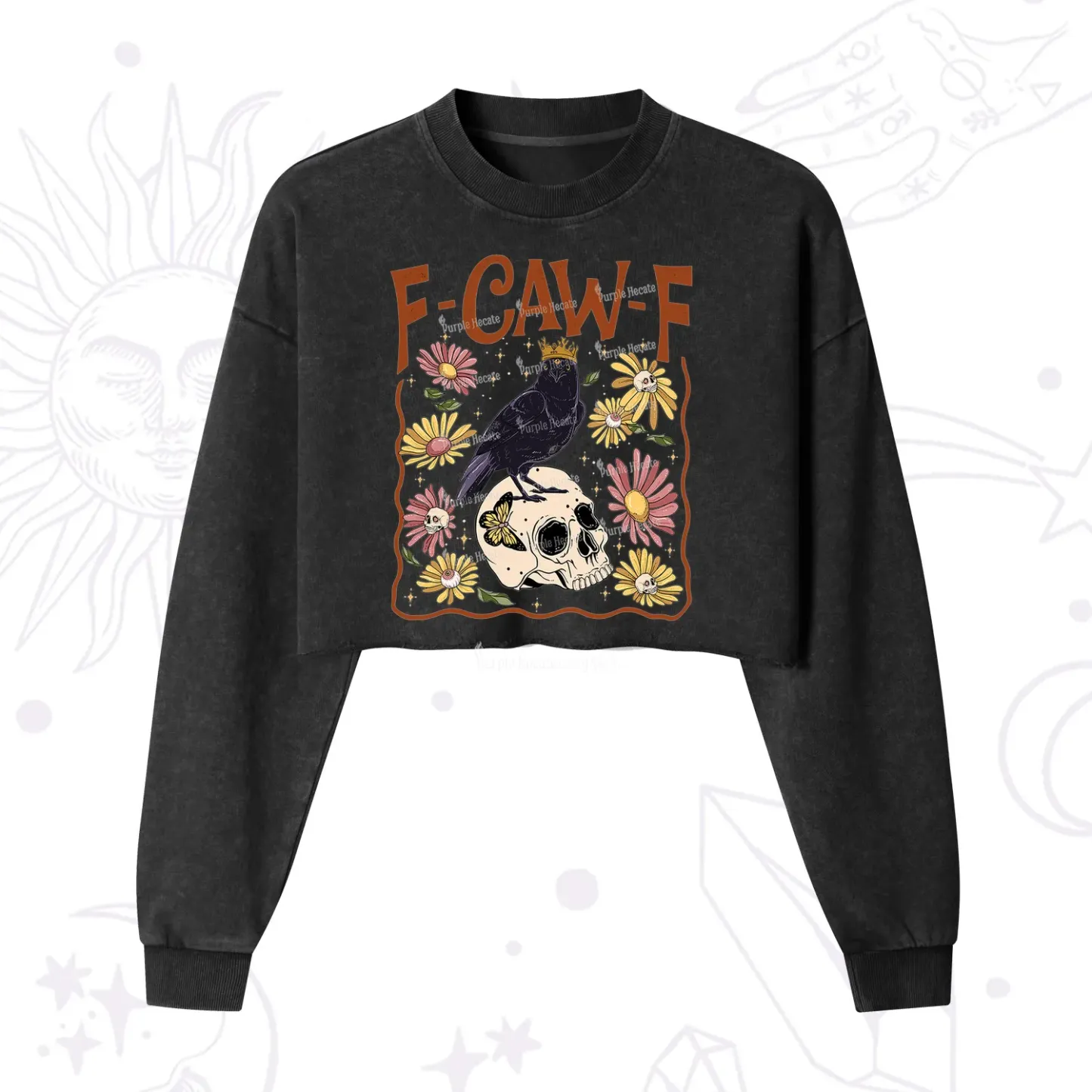 Purplehecate Funny F-Caw-F Crow Cropped Washed Sweatshirt