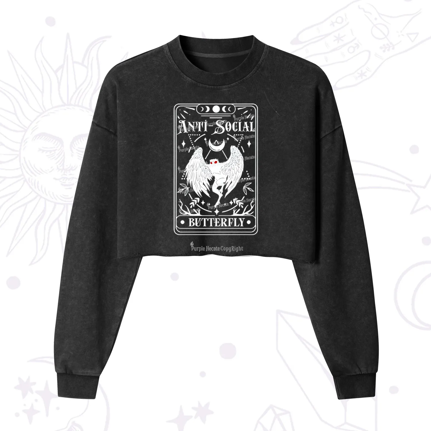 Purplehecate The Antisocial Butterfly Oracle Card Cropped Washed Sweatshirt