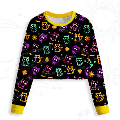 Purplehecate Neon Cat Party Crop Fuzzy Ugly Sweatshirt