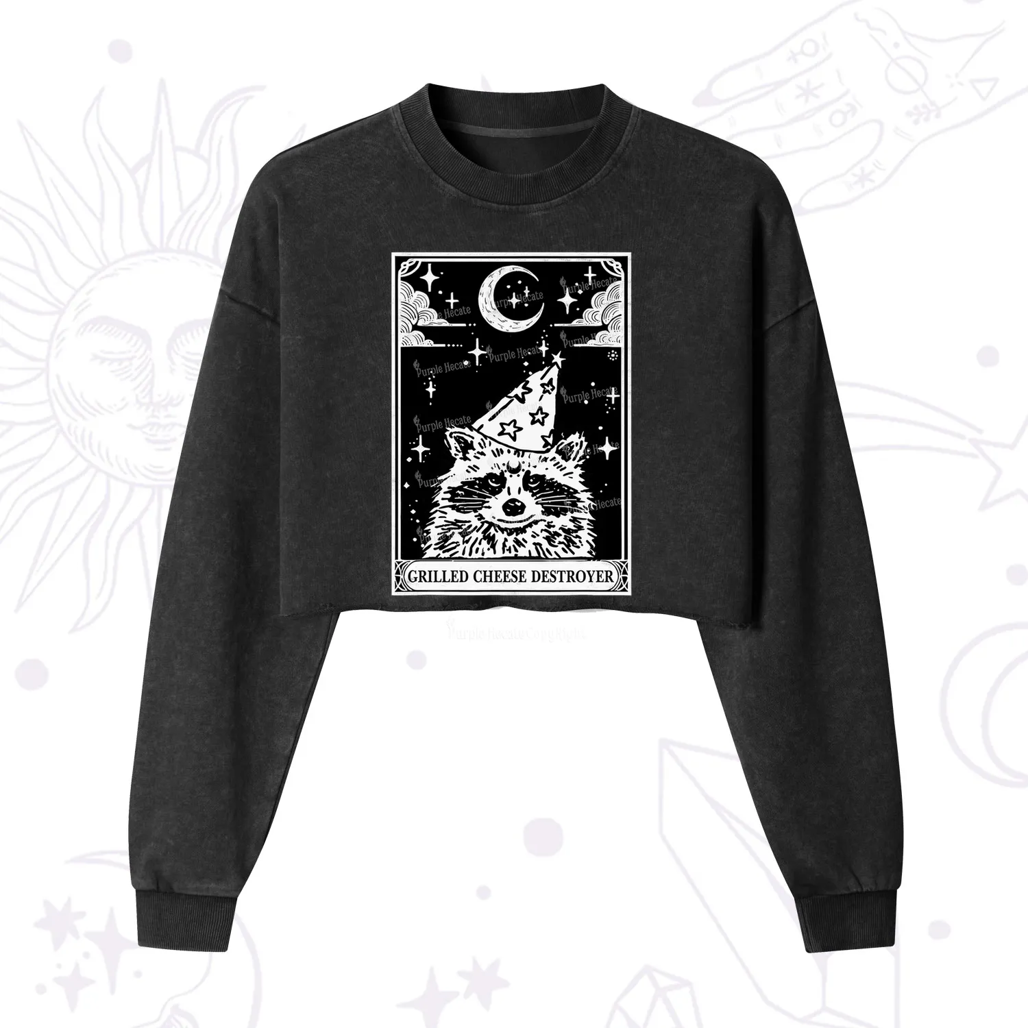 Purplehecate The Grilled Cheese Destroyer Tarot Raccoon Cropped Washed Sweatshirt