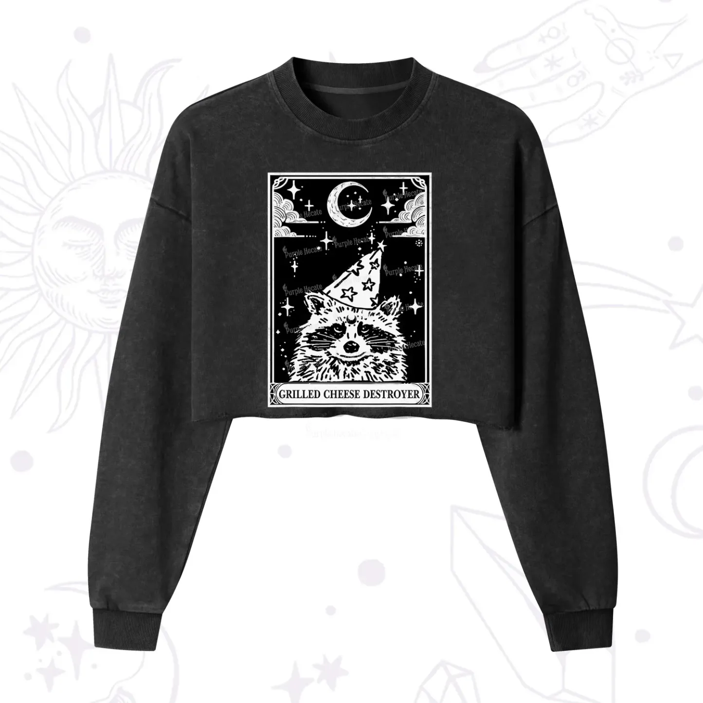 Purplehecate The Grilled Cheese Destroyer Tarot Raccoon Cropped Washed Sweatshirt