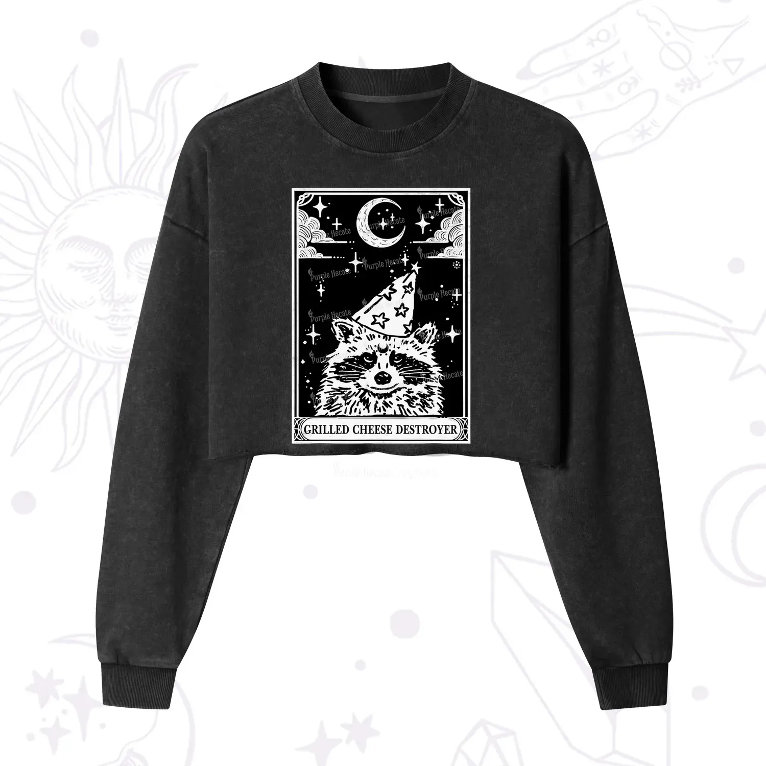 Purplehecate The Grilled Cheese Destroyer Tarot Raccoon Cropped Washed Sweatshirt