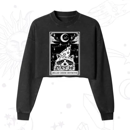 Purplehecate The Grilled Cheese Destroyer Tarot Raccoon Cropped Washed Sweatshirt