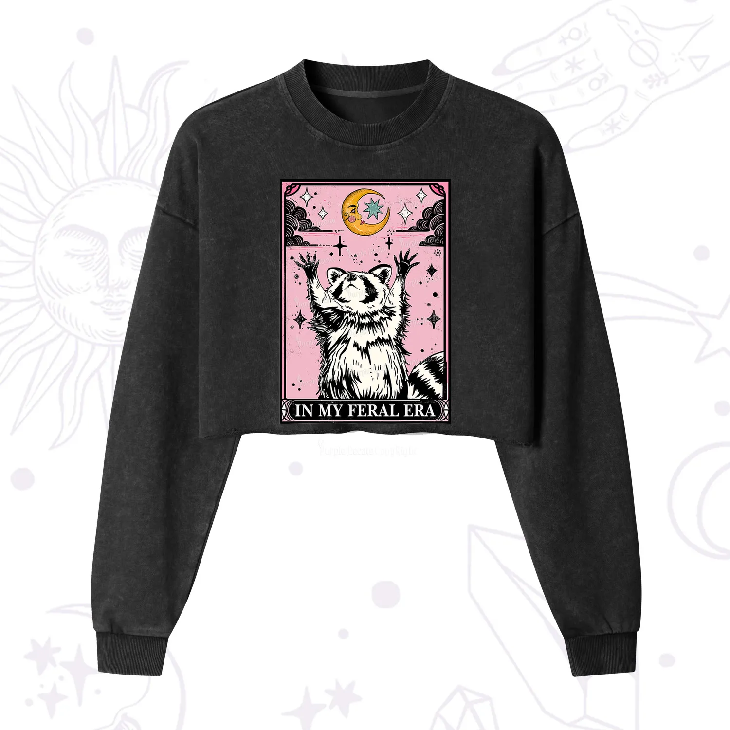 Purplehecate The In My Feral Era Tarot Raccoon Cropped Washed Sweatshirt