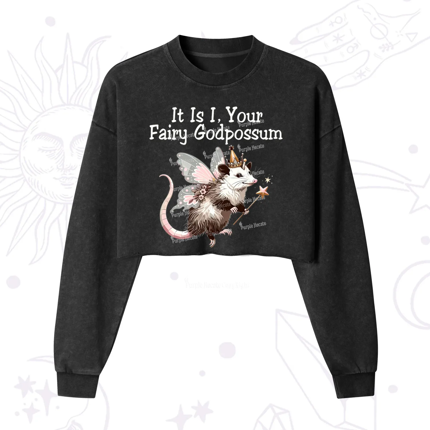 Purplehecate It Is I Your Fairy Godpossum Cropped Washed Sweatshirt