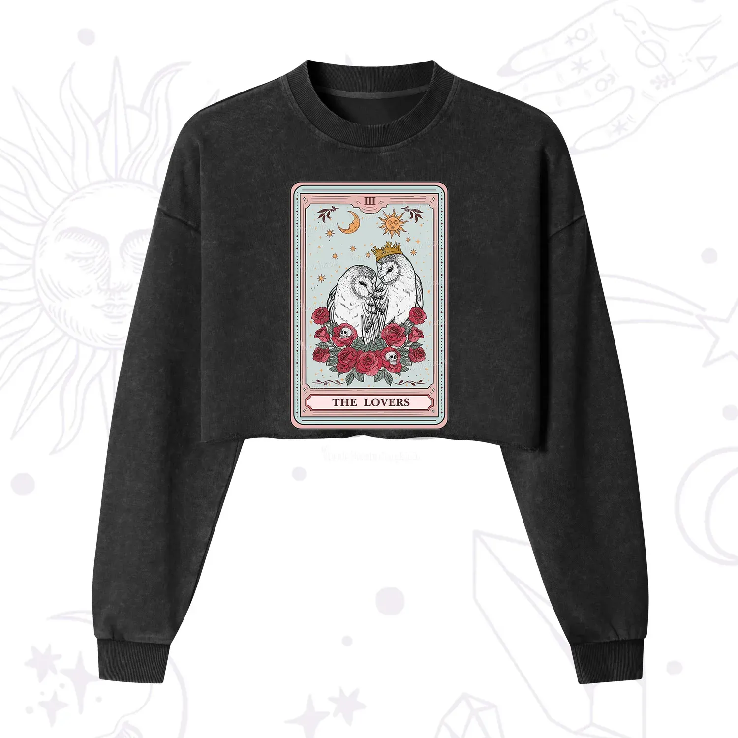 Purplehecate The Lovers Owls Tarot Card Cropped Washed Sweatshirt