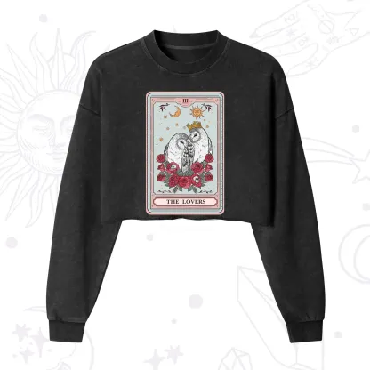 Purplehecate The Lovers Owls Tarot Card Cropped Washed Sweatshirt
