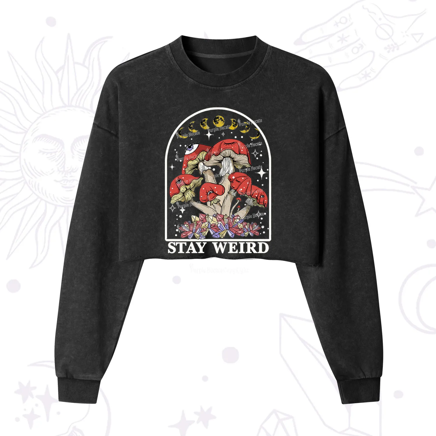 Purplehecate Stay Weird Mushroom Cropped Washed Sweatshirt