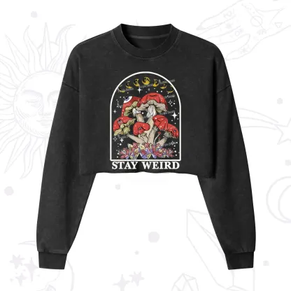 Purplehecate Stay Weird Mushroom Cropped Washed Sweatshirt