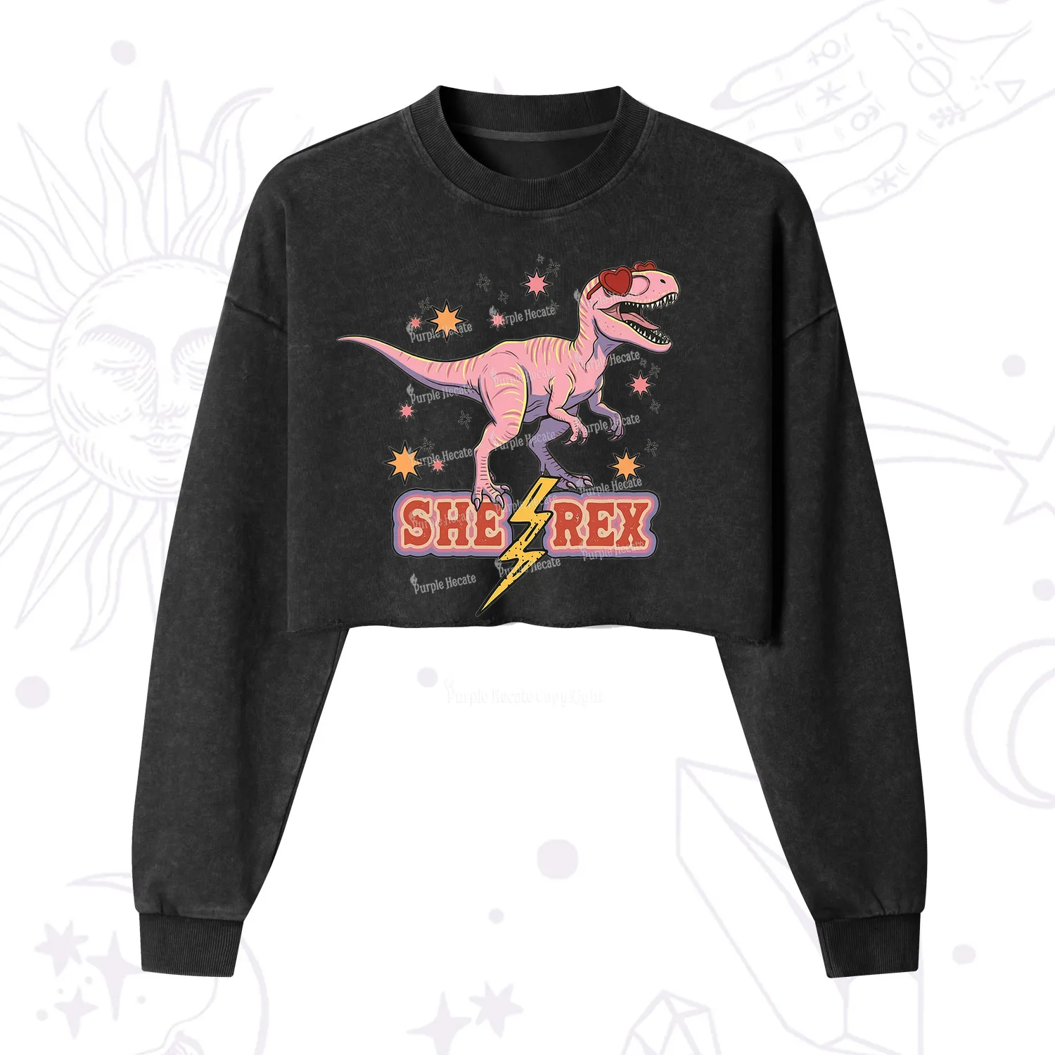 Purplehecate T Rex Dinosaur Girl Cropped Washed Sweatshirt