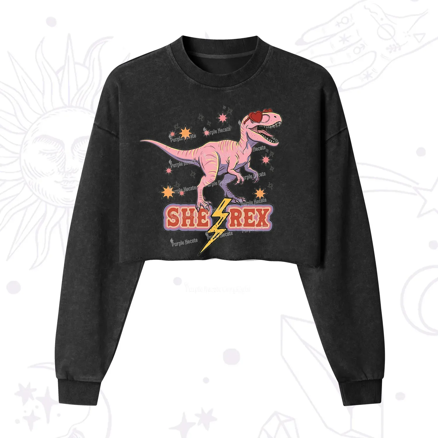 Purplehecate T Rex Dinosaur Girl Cropped Washed Sweatshirt
