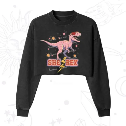 Purplehecate T Rex Dinosaur Girl Cropped Washed Sweatshirt