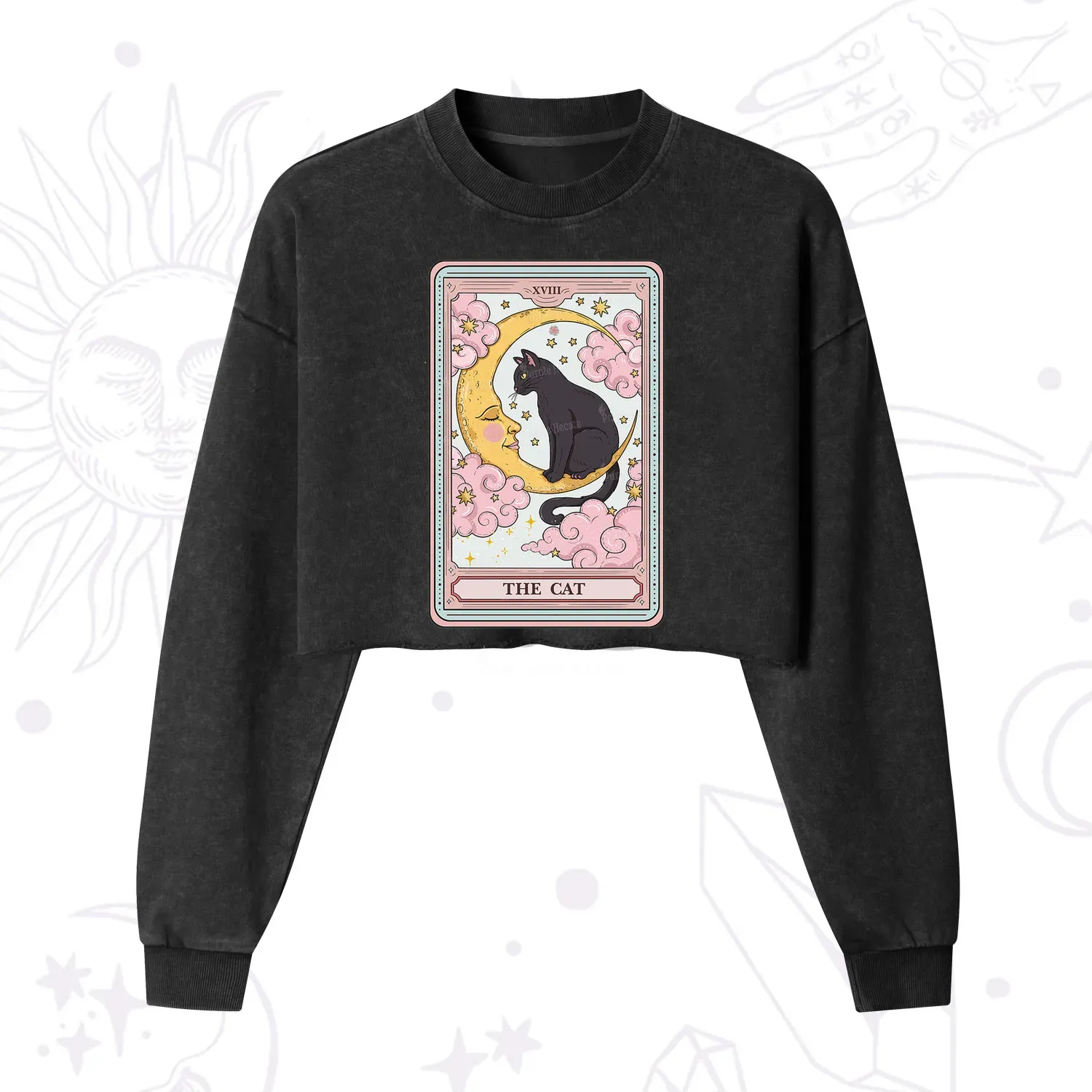 Purplehecate The Cat Tarot Card Cropped Washed Sweatshirt