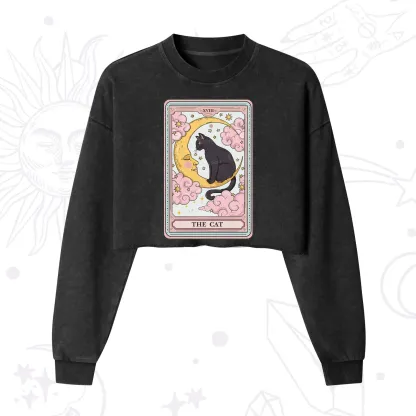 Purplehecate The Cat Tarot Card Cropped Washed Sweatshirt
