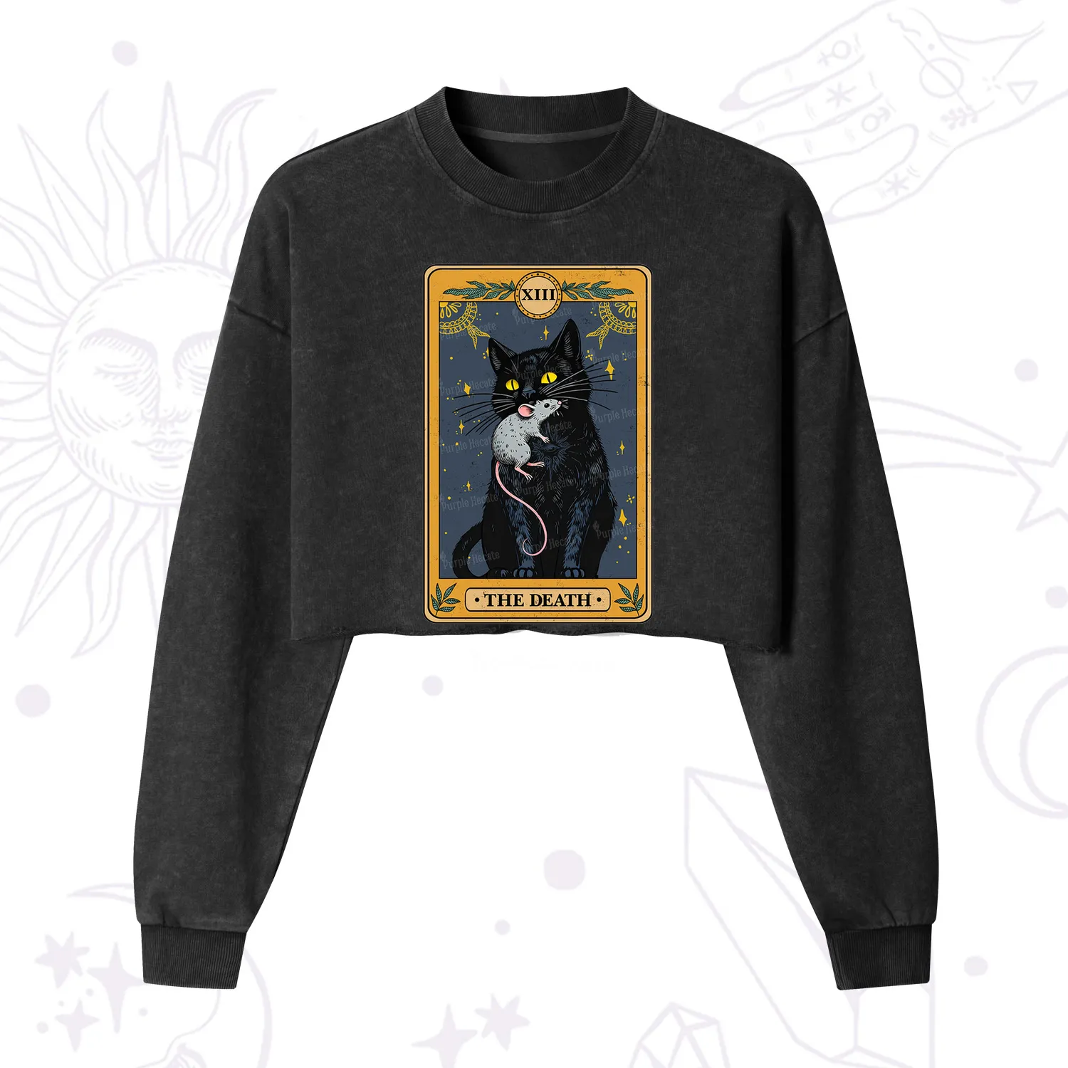 Purplehecate The Death Tarot Cat Cropped Washed Sweatshirt