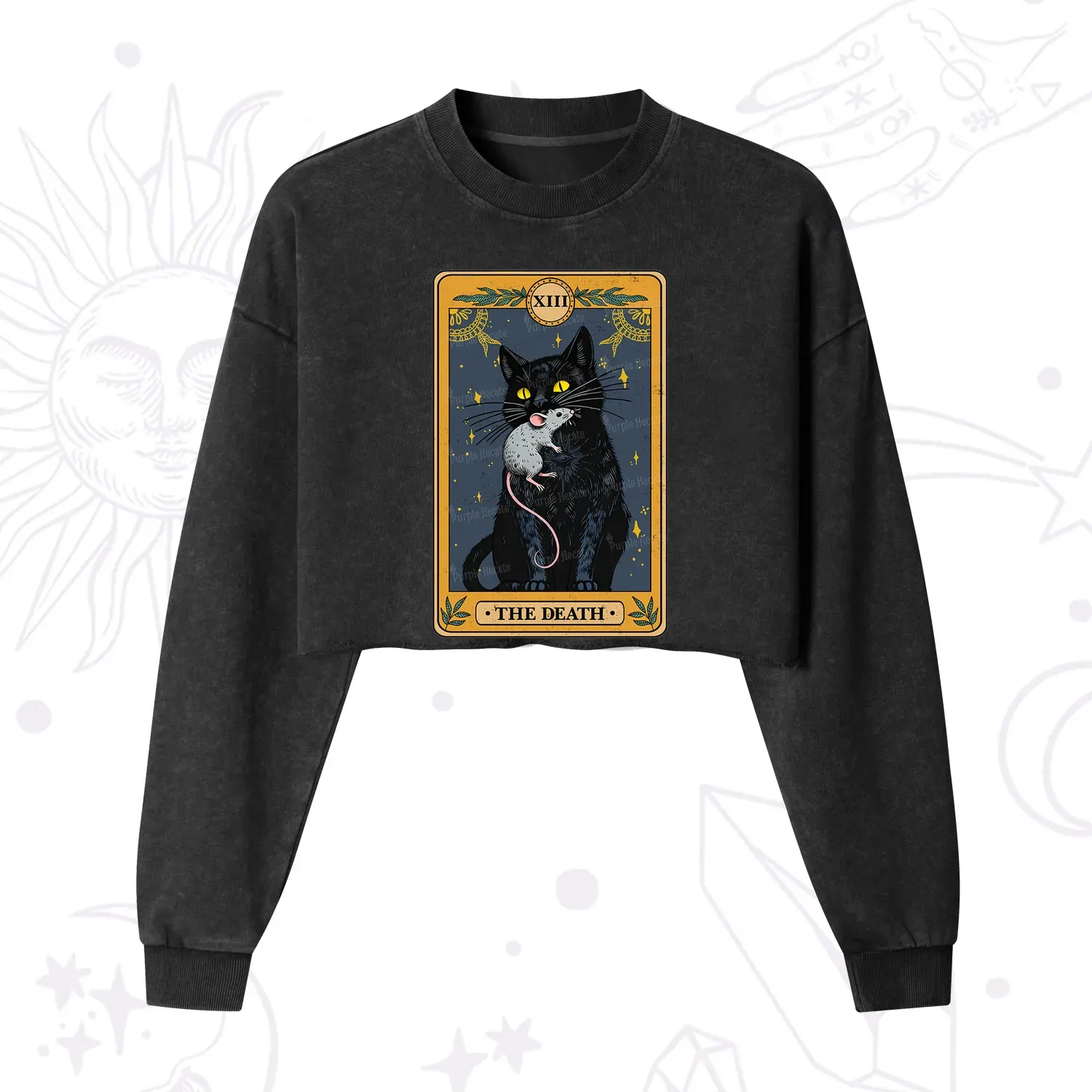 Purplehecate The Death Tarot Cat Cropped Washed Sweatshirt