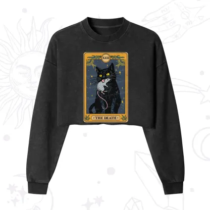 Purplehecate The Death Tarot Cat Cropped Washed Sweatshirt