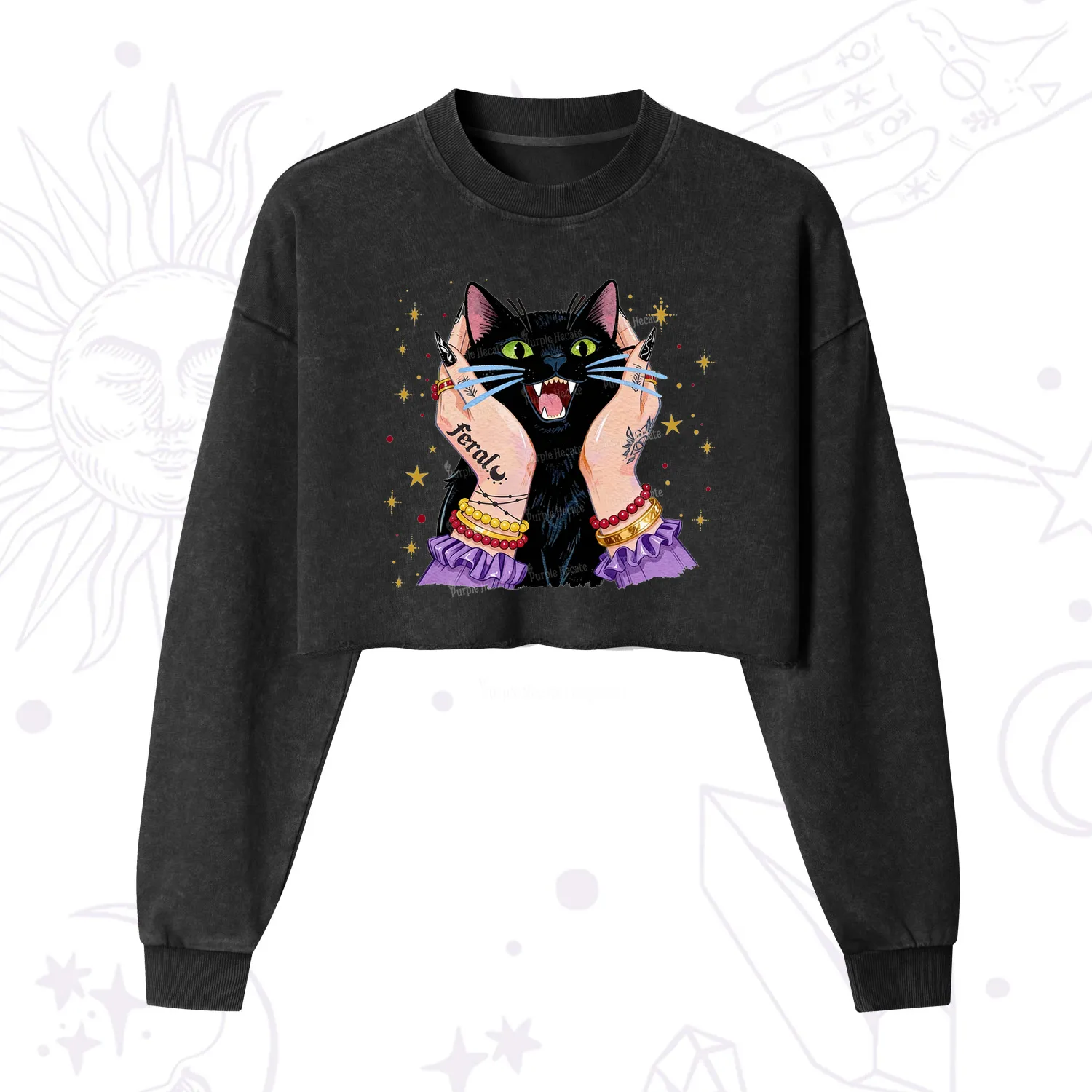 Purplehecate Feral Cat Magic Cropped Washed Sweatshirt