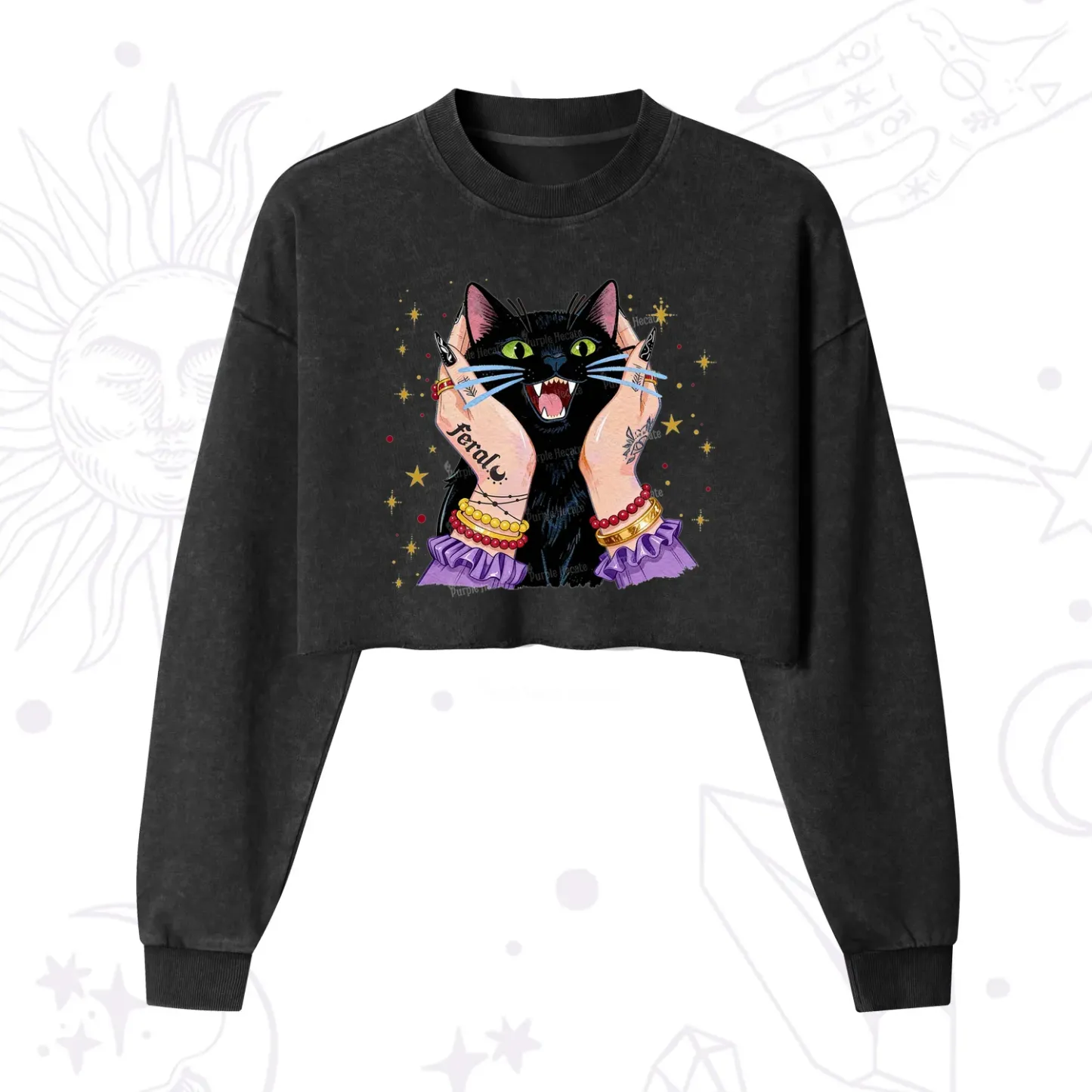 Purplehecate Feral Cat Magic Cropped Washed Sweatshirt