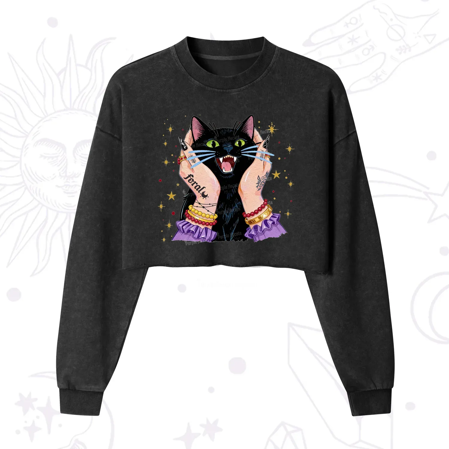 Purplehecate Feral Cat Magic Cropped Washed Sweatshirt