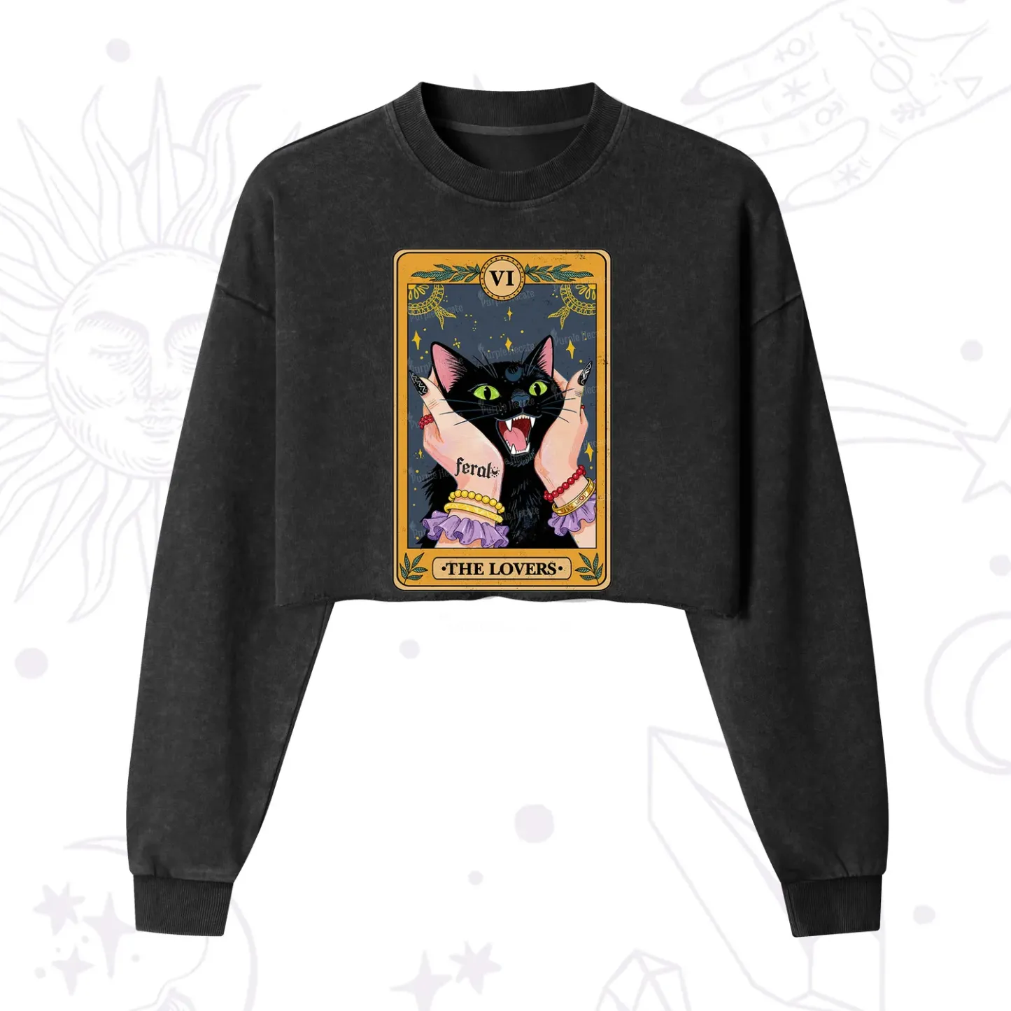 Purplehecate The Lovers Tarot Feral Cat Cropped Washed Sweatshirt