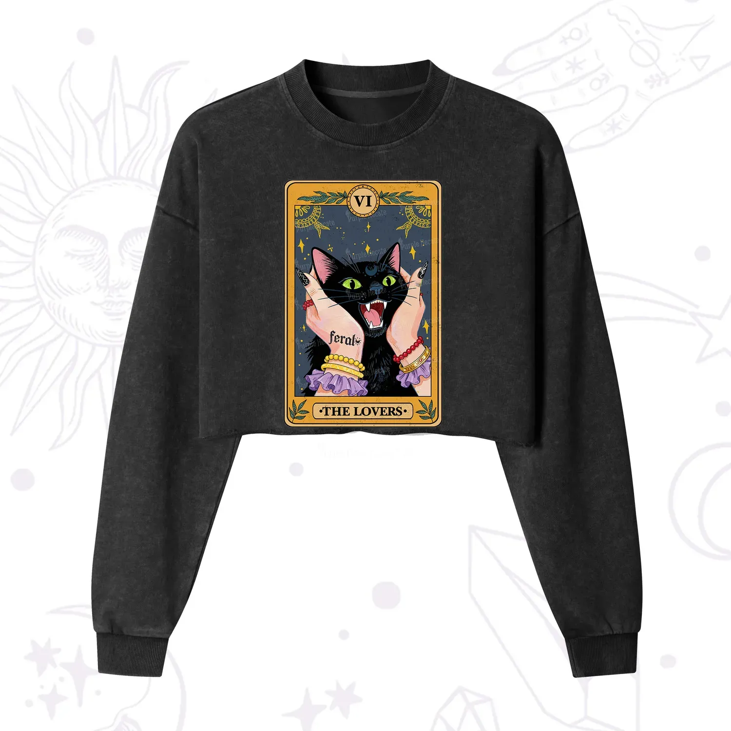Purplehecate The Lovers Tarot Feral Cat Cropped Washed Sweatshirt