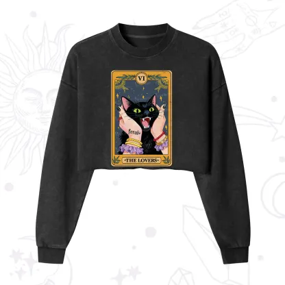 Purplehecate The Lovers Tarot Feral Cat Cropped Washed Sweatshirt