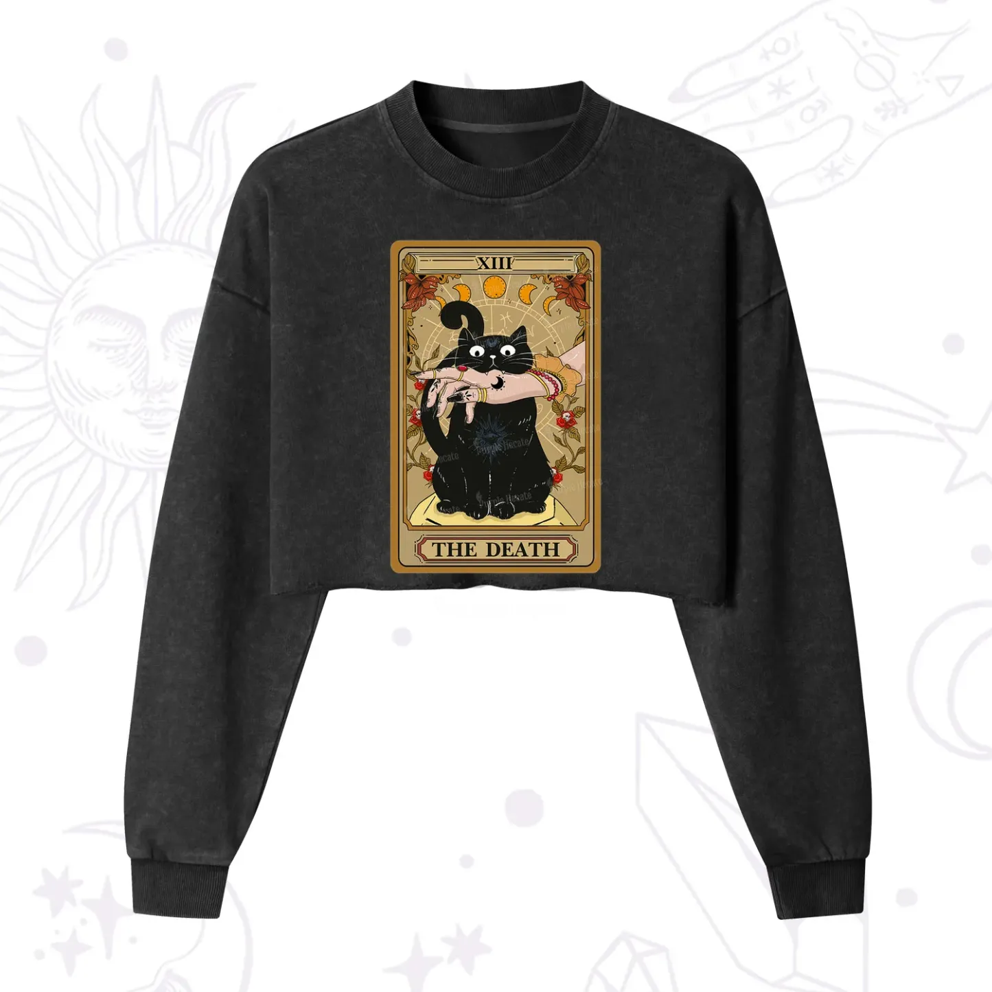 Purplehecate The Death Tarot Black Cat Cropped Washed Sweatshirt