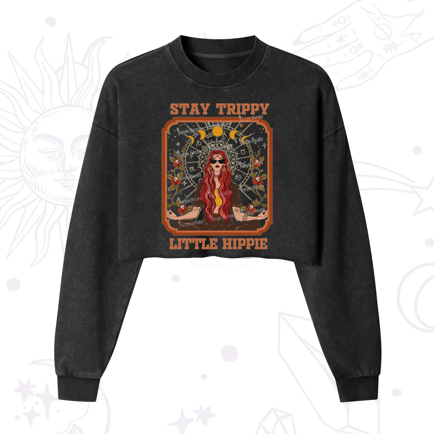 Purplehecate Stay Trippy Little Witchy Hippie Cropped Washed Sweatshirt